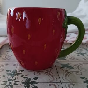 Cost Plus World Market Red Strawberry-Shaped Ceramic Mug with Green Handle NWOT